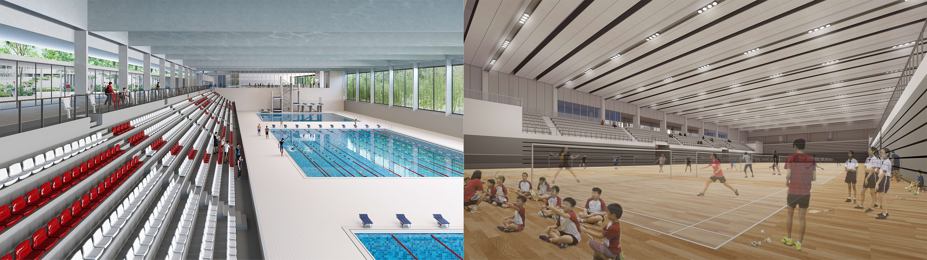 *Artist's impression of the proposed facilities at the new ActiveSG Sport Centre, including the Swimming Complex (left) & indoor Sport Hall (right)*